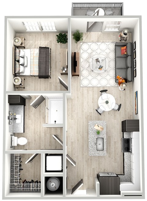 an overhead view of a bedroom with a bathroom and a living room